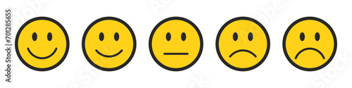 Rating emojis set in yellow color with black outline. Feedback emoticons collection. Very happy, happy, neutral, sad and very sad emojis. Flat icon set of rating and feedback emojis icons.