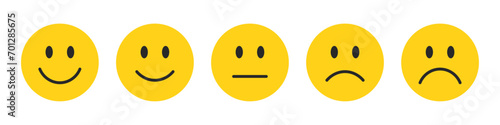 Rating emojis set in yellow color. Feedback emoticons collection. Very happy, happy, neutral, sad and very sad emojis. Flat icon set of rating and feedback emojis icons in yellow color.