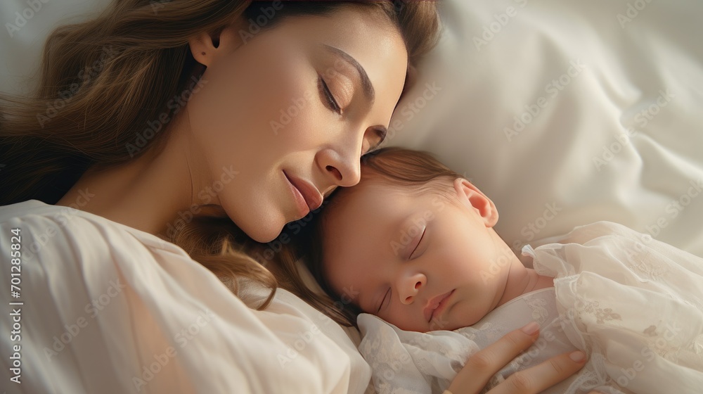 A young mom holds her newborn baby in her arms and sleep. Happy motherhood. A mother's love. Birth of a child. breastfeeding A young mom holds her newborn baby in her arms and sleep. Happy motherhood. A mother's love. Birth of a child. breastfeeding