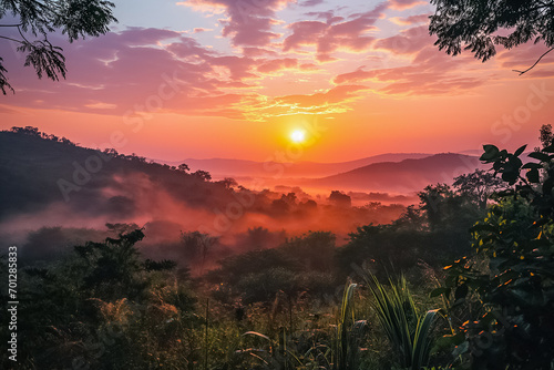 A breathtaking sunrise over misty mountains with a vibrant sky  evoking a sense of tranquility and natural beauty