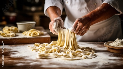 Close up cropped photo of process of making homemade pasta. Man wearing chef uniform cooking fresh italian traditional pasta. Food, profession concept.