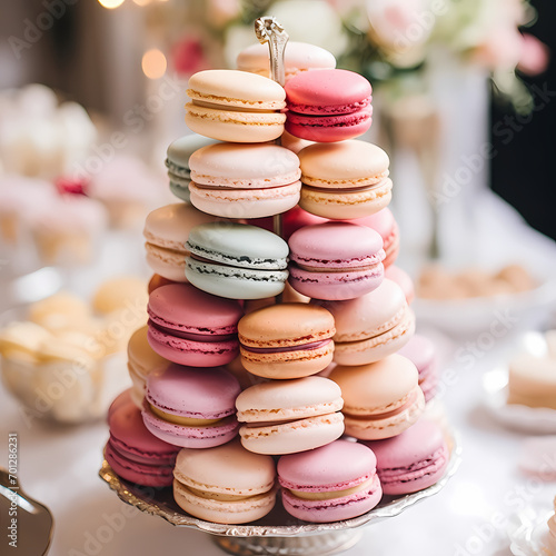 A stack of colorful macarons on a dessert table.