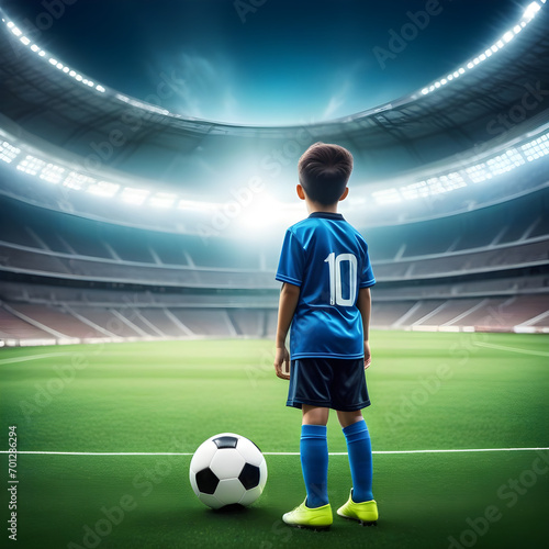 Kid standing in soccer stadium future dream to be a professional footballer. © Antonio Giordano