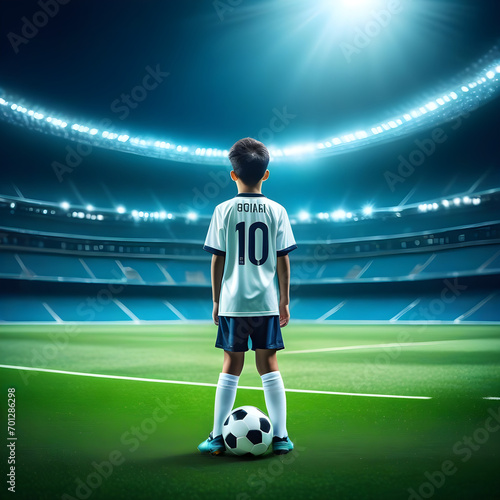 Kid standing in soccer stadium future dream to be a professional footballer.