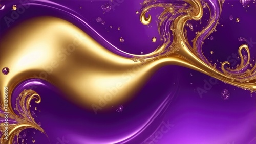Gold Luxury swirls waves on Purple background. Shiny golden sparkling water droplets backdrop