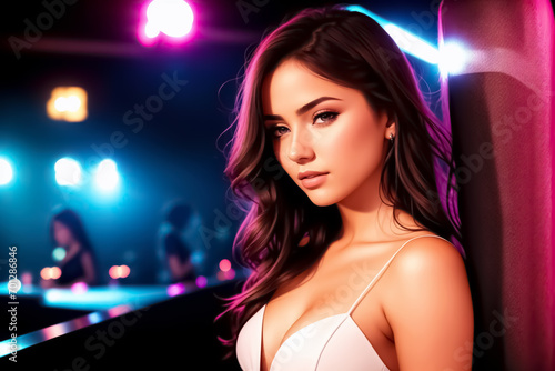 Beautiful young woman in lingerie posing in a nightclub. Beauty, fashion.