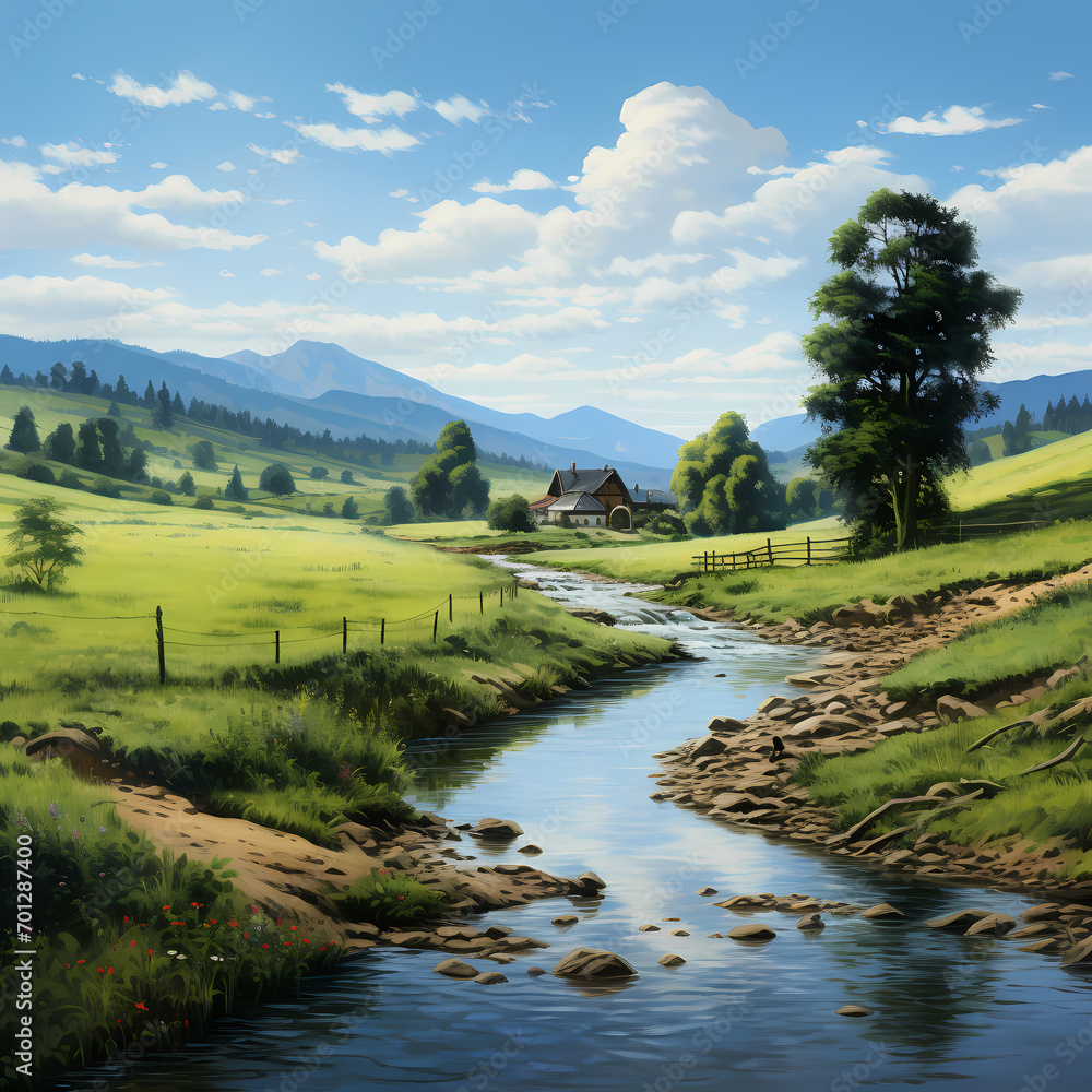 A tranquil river winding through a peaceful countryside.