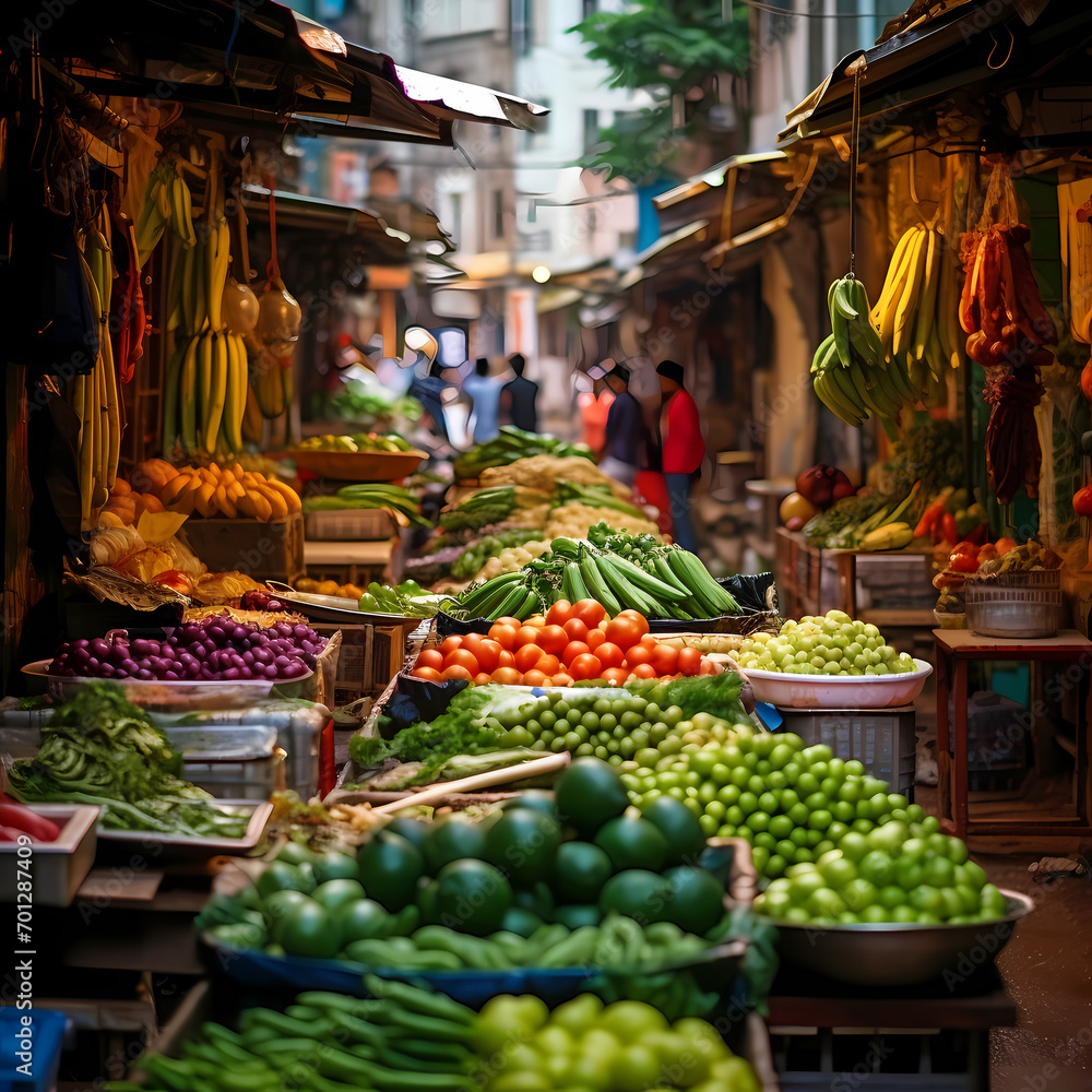 A vibrant street market with stalls of fresh produce.