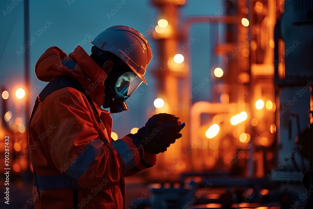 A maintenance technician who is conducting a safety inspection using a gas leak detector at an industrial site. generative AI - obrazy, fototapety, plakaty 