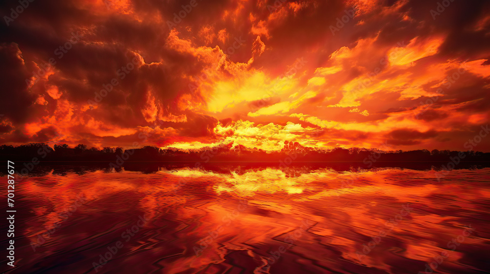 Fiery sunset background with the sky ablaze in fiery colors, reminiscent of flames and reflecting the beauty of fire in nature Ai Generative