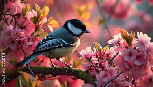 bird standing on the trees in pink flowers