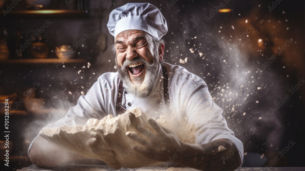  cheerful Happy cheerful older baker man wearing apron making dough on table with flour, enjoying culinary cooking activity. Bakery, homemade bread, kitchen, cooking concept.