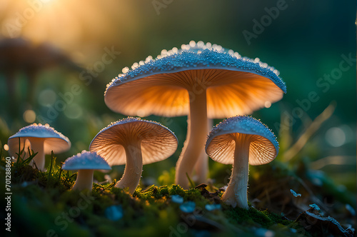 Enchanted Forest Floor: Dew-Kissed Mushrooms Basking in Morning Mist