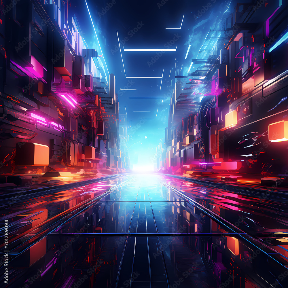 Abstract digital art with neon lights and futuristic elements.