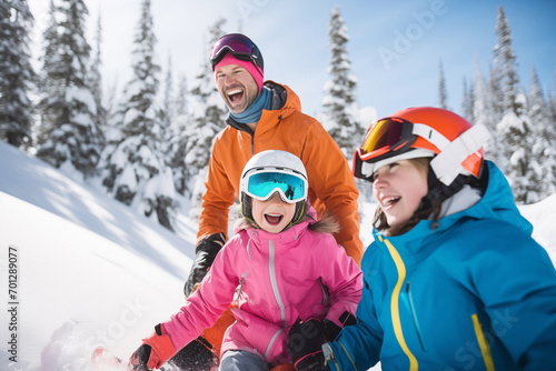 Smiling dad and kids clad in ski suits explore snow-covered hills. Positive family members share jokes and spend joy-filled time together