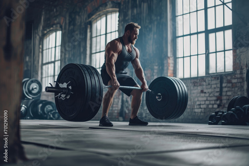 man lifting the barbell during workout training in a gym photo