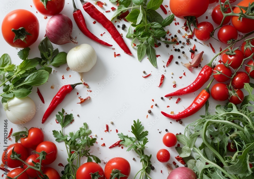 paprika, tomatoes, onions, garlic and parsley on a white background, top view with copy space. Generative AI paprika, tomatoes, onions, garlic and parsley on a white background, top view with copy space. Generative AI
