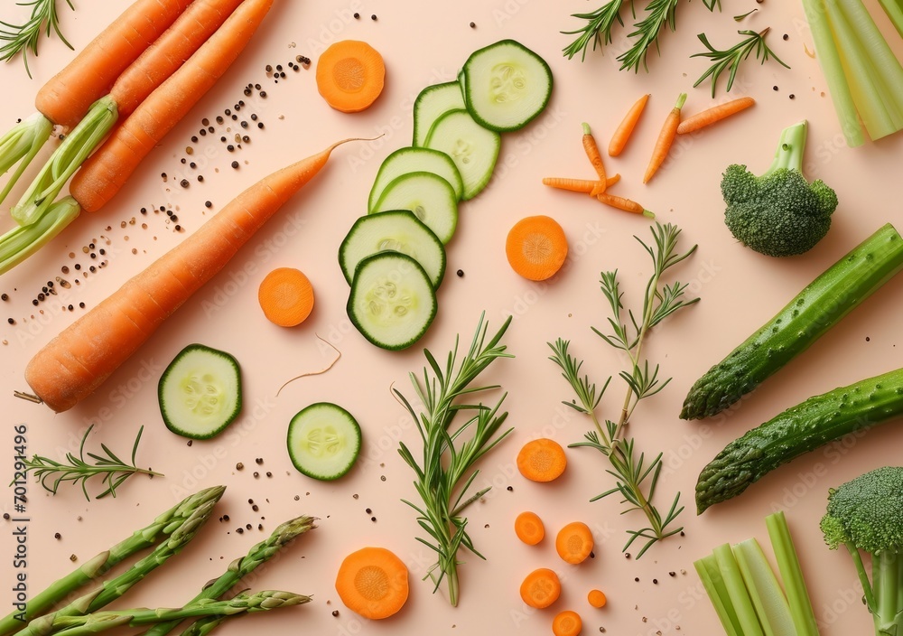 carrots and cucumbers on pink background, top view with copy space. Generative AI carrots and cucumbers on pink background, top view with copy space. Generative AI