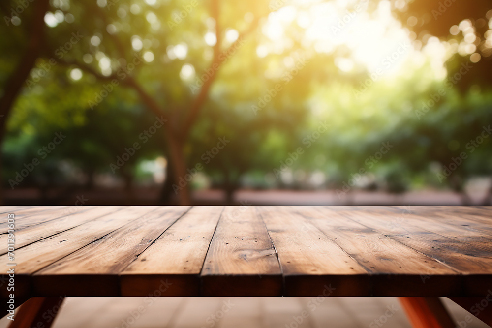 empty wooden table with blur tree empty wooden table with blur tree