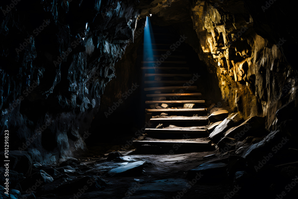 Escalier remontant d'un caverne creusée dans la roche - obrazy, fototapety, plakaty 