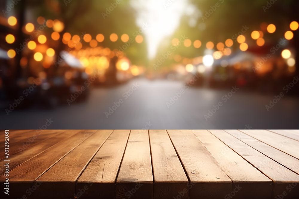 wooden table with blur city road wooden table with blur city road