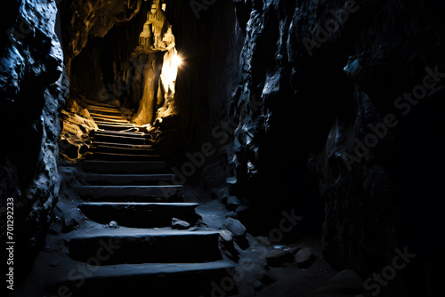 Escalier remontant d'un cave creusée dans la roche photo