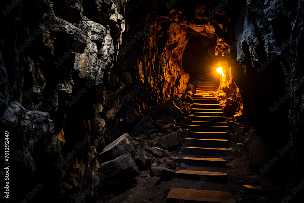Escalier remontant d'un cave creusée dans la roche - obrazy, fototapety, plakaty 