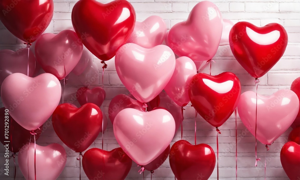 Red and pink heart shaped balloons background texture. Holiday Saint Valentine's day love concept. Wide screen wallpaper. Panoramic web banner with copy space for design.