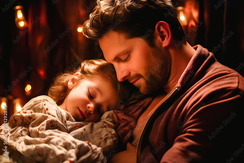 Père s'endormant avec sa fille dans les bras dans le canapé Père s'endormant avec sa fille dans les bras dans le canapé