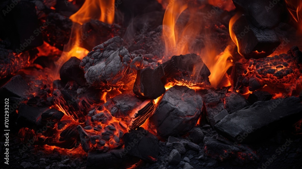 Burning firewood and coals of a fire close up. Background for grilled food with fire. Burning firewood and coals of a fire close up. Background for grilled food with fire.