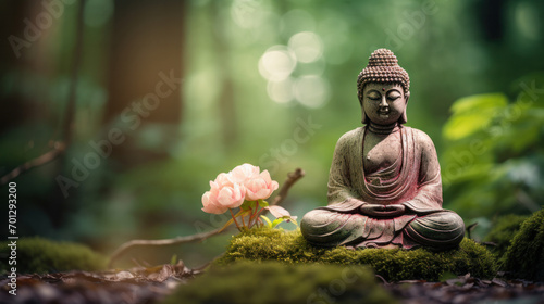 buddha statue on a rock in a blurred green bamboo jungle  fresh natural spa wallpaper concept with asian spirit and copy space