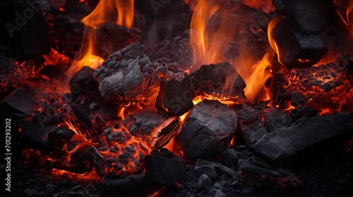 Burning firewood and coals of a fire close up. Background for grilled food with fire.