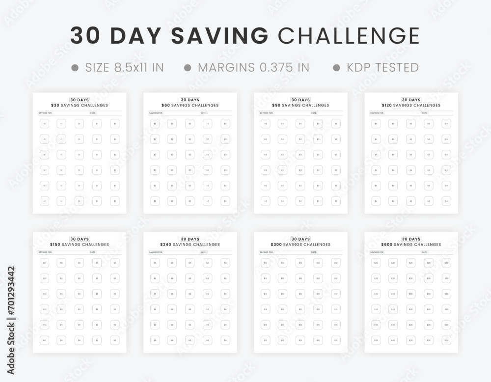 30-Day Money Saving Challenges Printable and Monthly Savings Tracker, Finance Planner Notebook - obrazy, fototapety, plakaty 