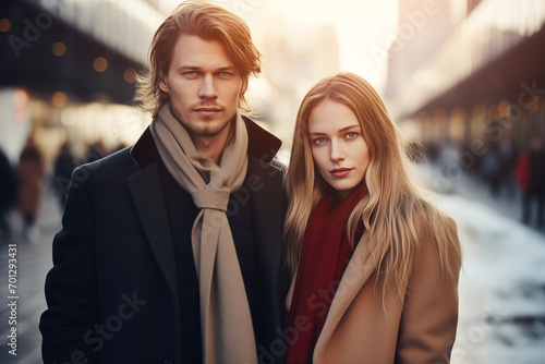 Loving couple strikes pose for romantic photo in heart of winter city. Young girlfriend and boyfriend embrace with city street on background