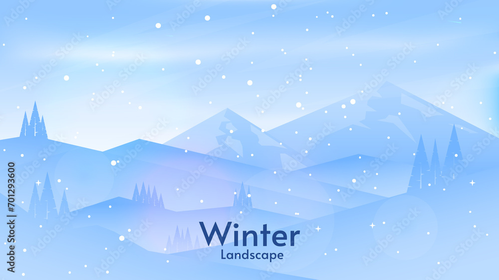 Raster illustration. Snowfall. Clear blue sky. Flat winter landscape. Snowy background. Snowdrift. Design for banner, invitation, wallpaper.