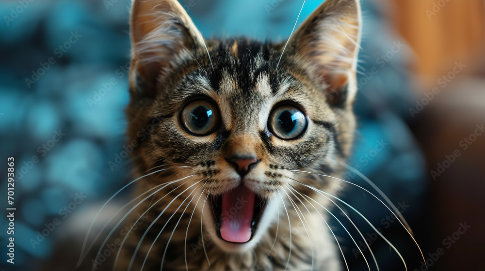 Hyper realistic photo of cute cat making shocking face