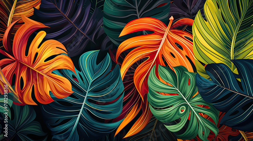 A pattern of tropical leaves in various shapes and sizes, creating an exotic and vibrant jungle-like atmosphere Ai Generative