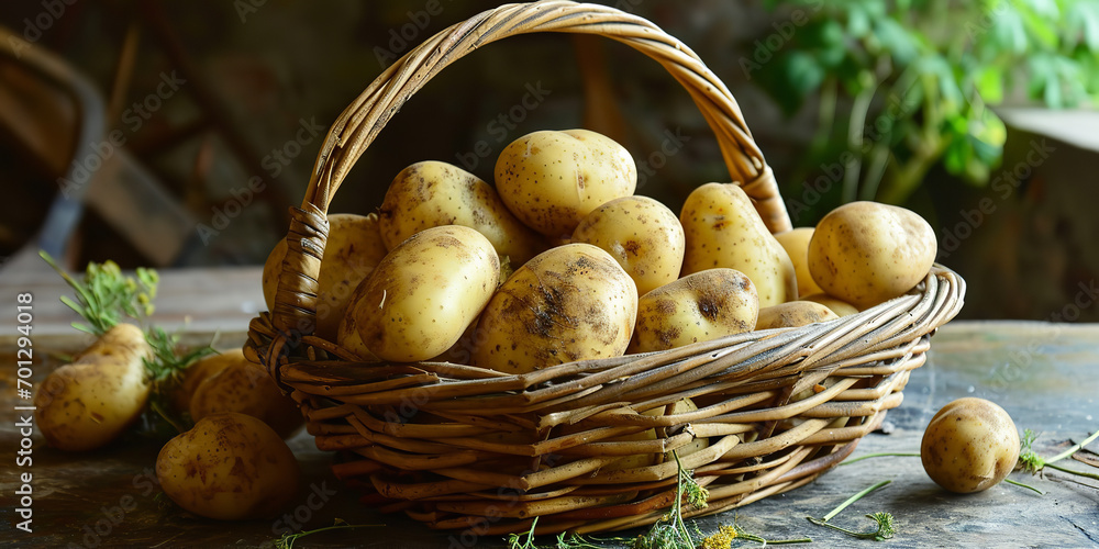 Some good natural potato with som bad green potato in a basket Some good natural potato with som bad green potato in a basket