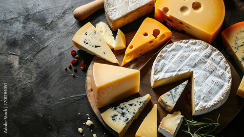 Top view flat lay of various kinds of cheese on the table with copy space