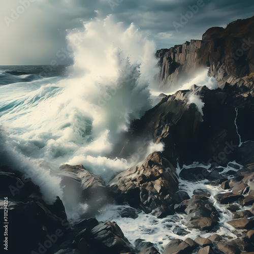 Waves crashing on a rocky shoreline during a storm.