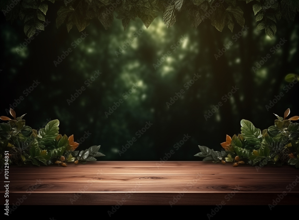 Empty wooden table with branches in the forest blurred background layout