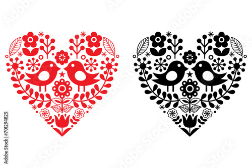 Folk Art Pattern With Birds and Flowers, folk art clipart, folk art floral T-shirt, Nordic folk art, folk art vector, Scandinavian, Bird illustration, Polish folk art, Norwegian folk art photo