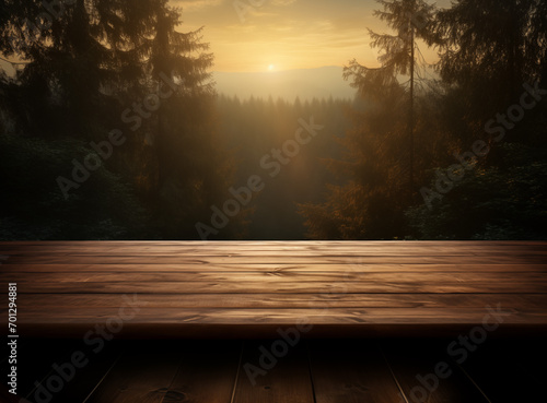 Empty wooden table with rays of light in the forest blurred background layout