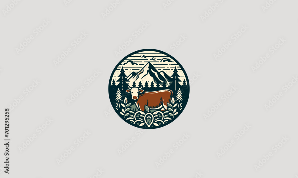 head cow on mountain forest vector artwork design