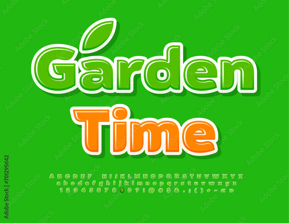 Vector green concept Garden Time. Trendy Glossy Font. Creative Alphabet Letters and Numbers set. Vector green concept Garden Time. Trendy Glossy Font. Creative Alphabet Letters and Numbers set.
