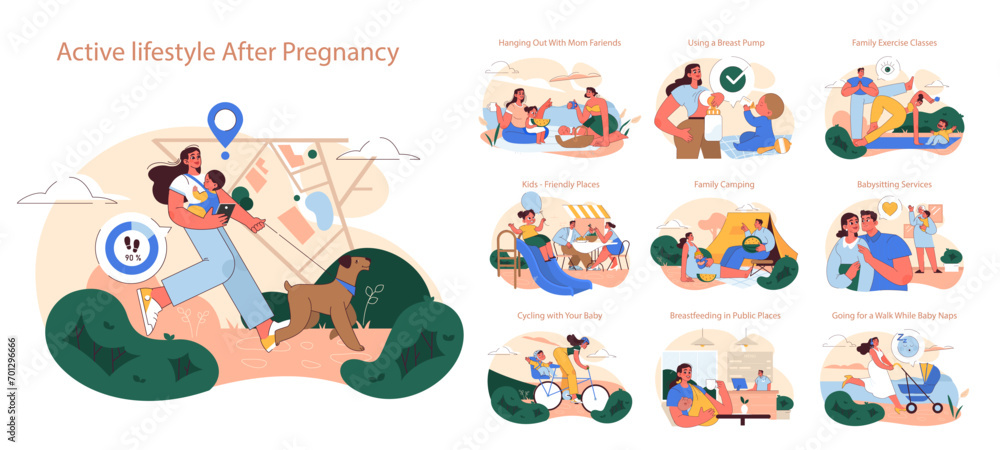 Fototapeta premium Active Lifestyle After Pregnancy set. New mothers enjoying outdoor activities, family bonding, and self-care. Embracing postpartum life.