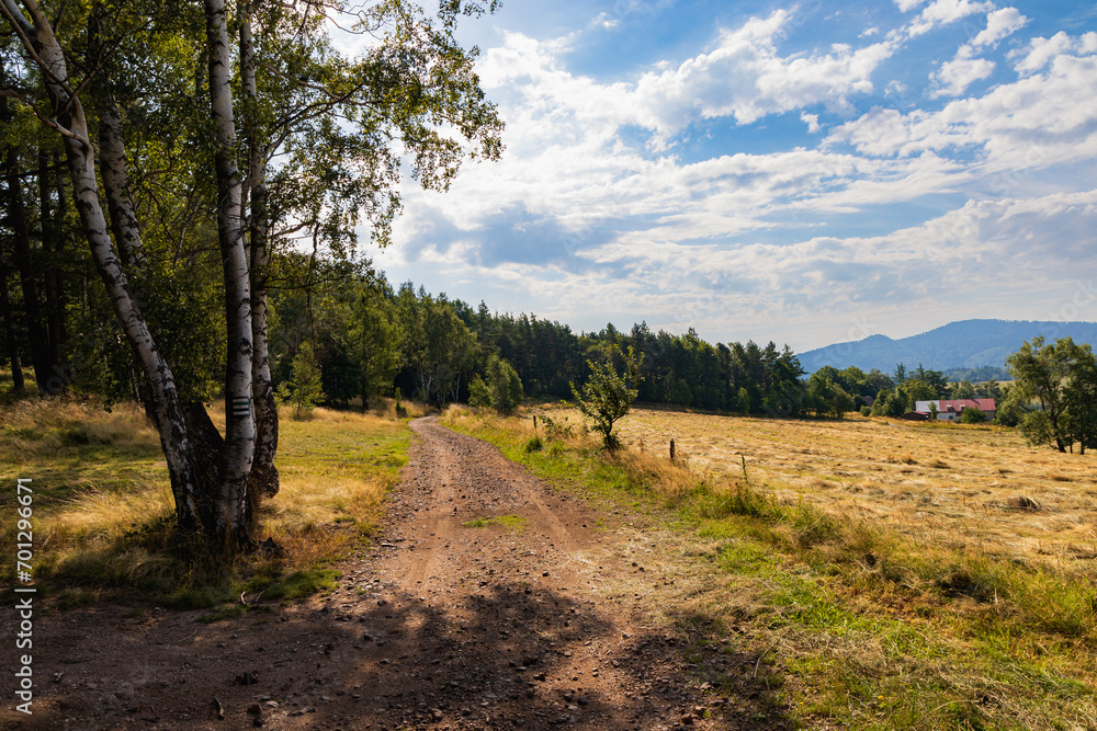 Beautiful landscape of glades and clearing full of fields and trees between it at mountains at sunny cloudy day Beautiful landscape of glades and clearing full of fields and trees between it at mountains at sunny cloudy day