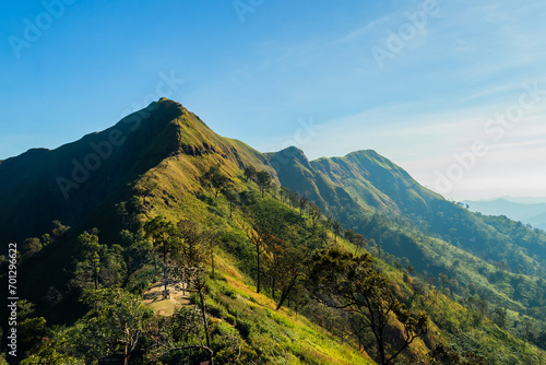 Beautiful mountain valley during sunrise. Natural rainy season landscape.