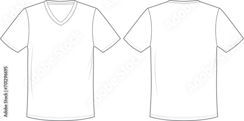 Unsex white V-neck t-shirt design templates (front, back views). Vector illustration.