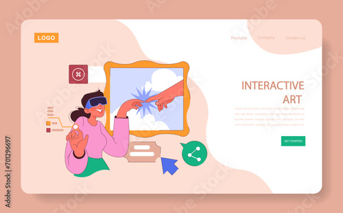 Museum or art gallery web or landing. Enthusiastic woman wearing a VR glasses interact with art, connecting with the digital canvas through touch. Virtual exhibit. Flat vector illustration